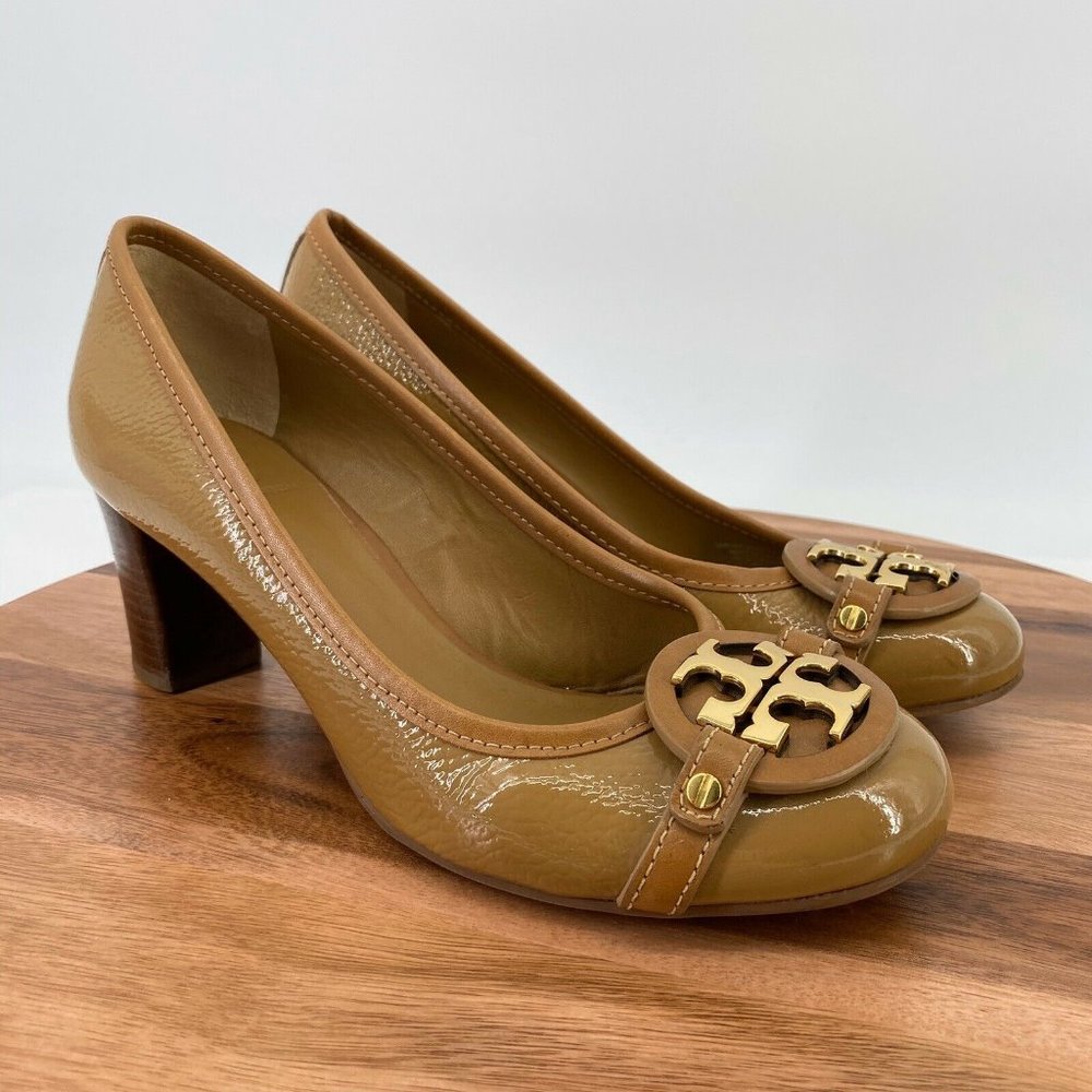 Tory Burch Tan Patent Leather Block Heel Pumps with Gold Logo